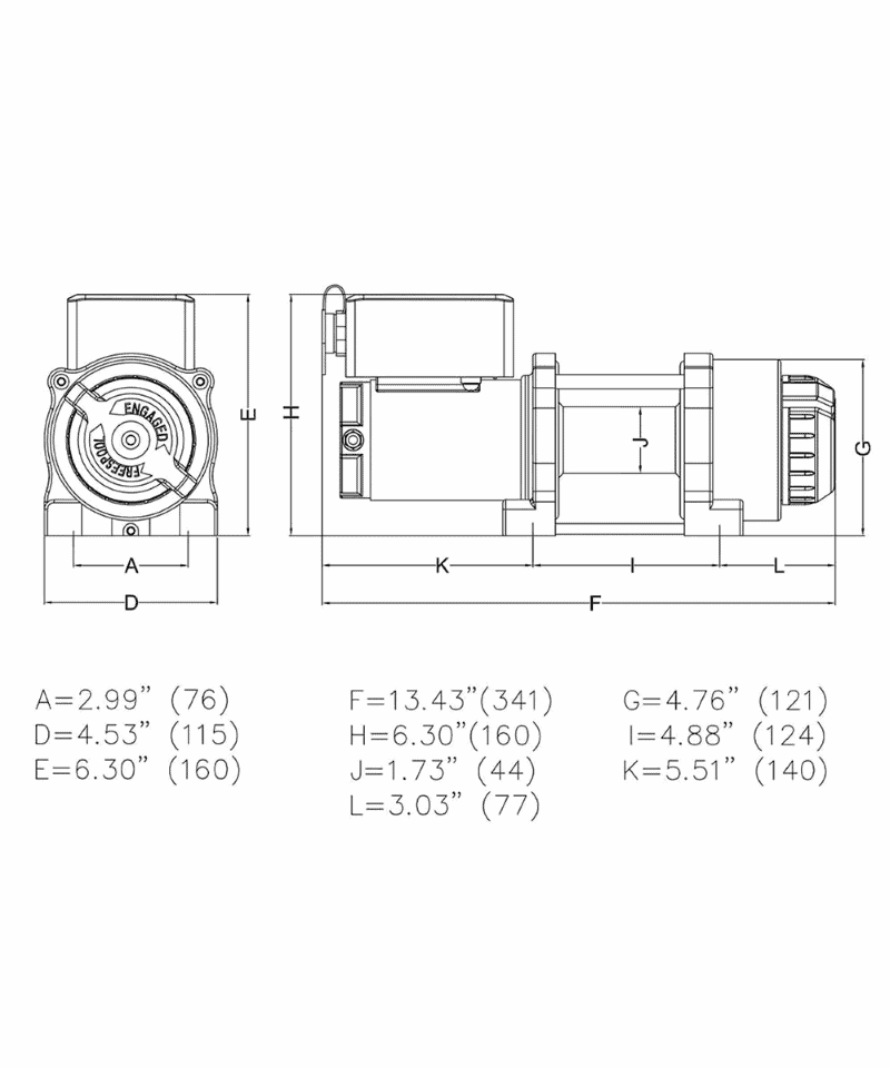 Dimensions Treuil électrique 12V T2500 Novawinch pour quad, 4x4, buggy, dépanneuse, bateau